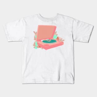 Vintage retro kawaii record vinyl player turntable sticker pink and green with flowers Kids T-Shirt